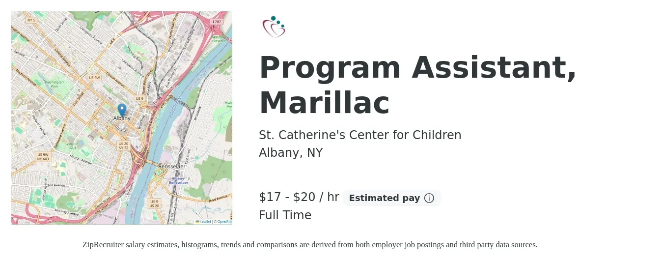 St. Catherine's Center for Children job posting for a Program Assistant, Marillac in Albany, NY with a salary of $18 to $21 Hourly with a map of Albany location.