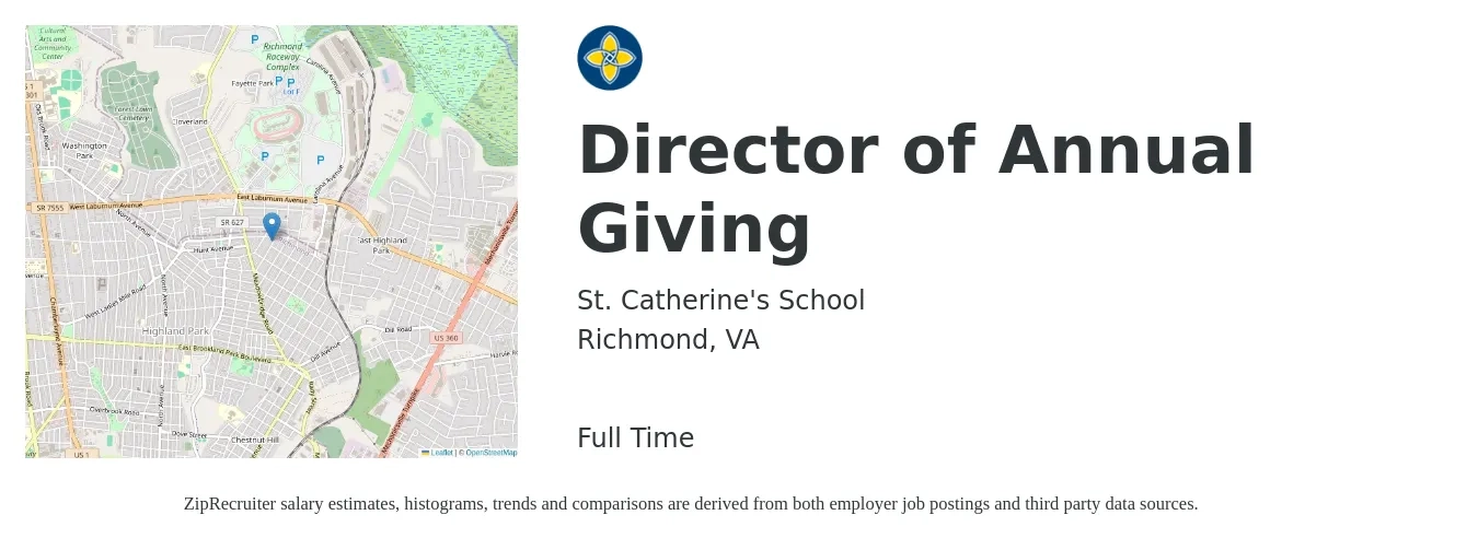 St. Catherine's School job posting for a Director of Annual Giving in Richmond, VA with a salary of $71,600 to $106,400 Yearly with a map of Richmond location.