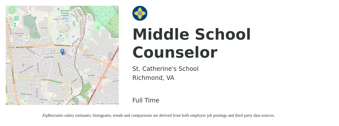 St. Catherine's School job posting for a Middle School Counselor in Richmond, VA with a salary of $47,500 to $69,800 Yearly with a map of Richmond location.
