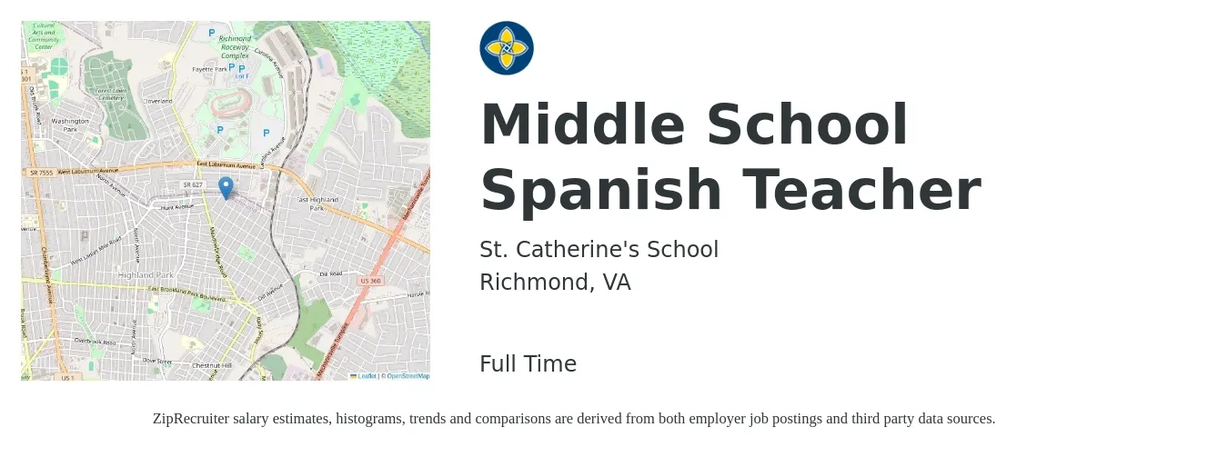 St. Catherine's School job posting for a Middle School Spanish Teacher in Richmond, VA with a salary of $46,000 to $61,900 Yearly with a map of Richmond location.