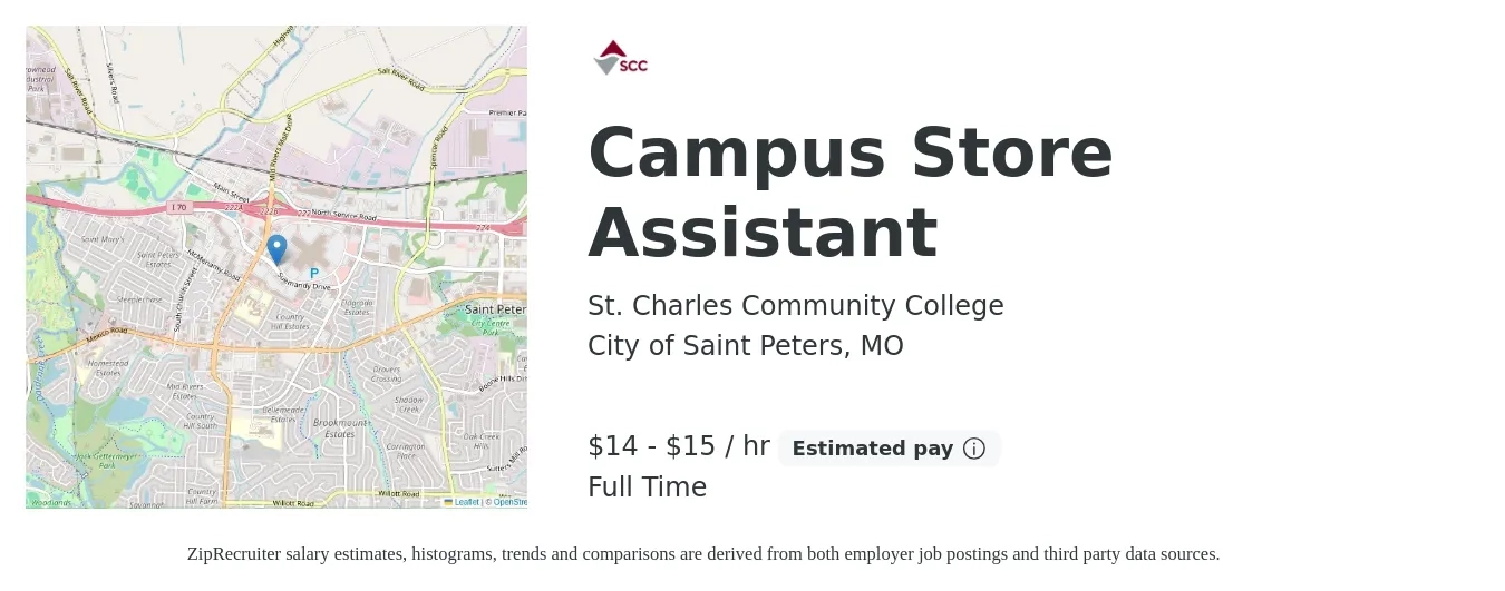 St. Charles Community College job posting for a Campus Store Assistant in City of Saint Peters, MO with a salary of $15 to $16 Hourly with a map of City of Saint Peters location.