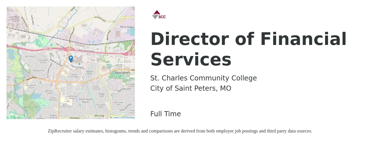 St. Charles Community College job posting for a Director of Financial Services in City of Saint Peters, MO with a salary of $96,100 to $146,300 Yearly with a map of City of Saint Peters location.