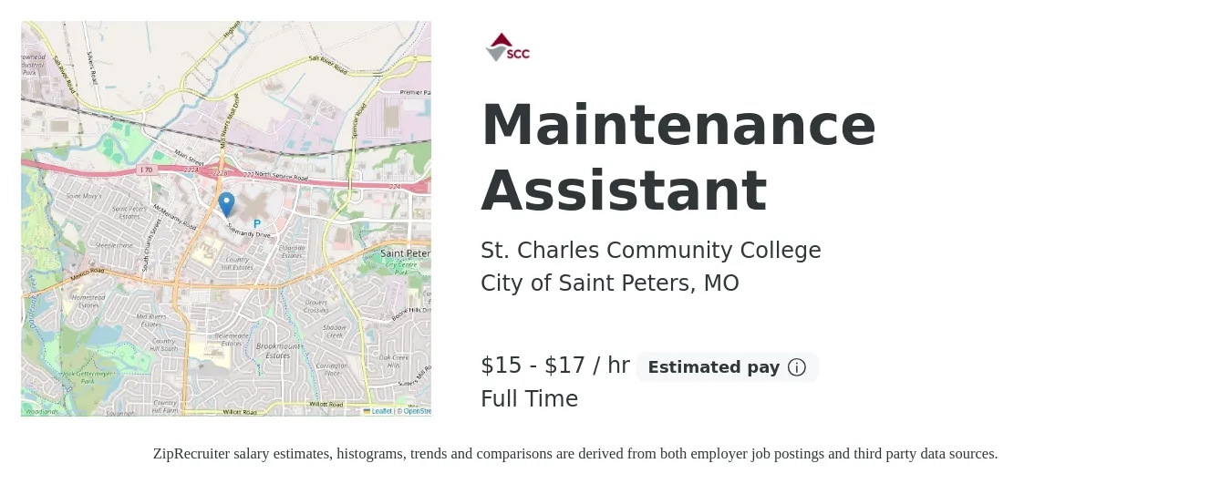 St. Charles Community College job posting for a Maintenance Assistant in City of Saint Peters, MO with a salary of $16 to $18 Hourly with a map of City of Saint Peters location.