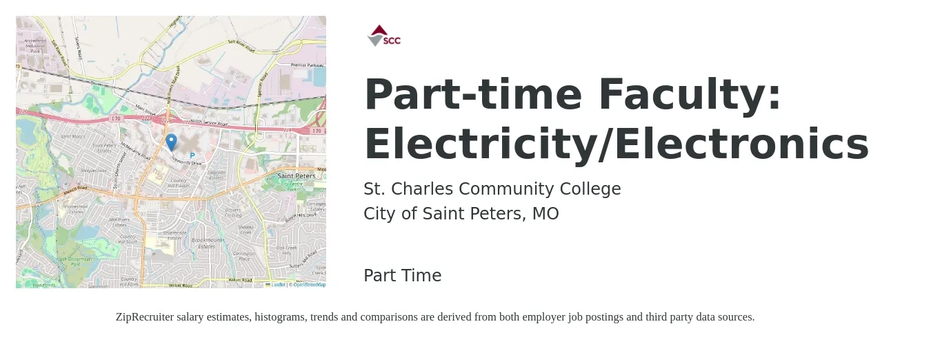 St. Charles Community College job posting for a Part-time Faculty: Electricity/Electronics in City of Saint Peters, MO with a salary of $25 to $34 Hourly with a map of City of Saint Peters location.