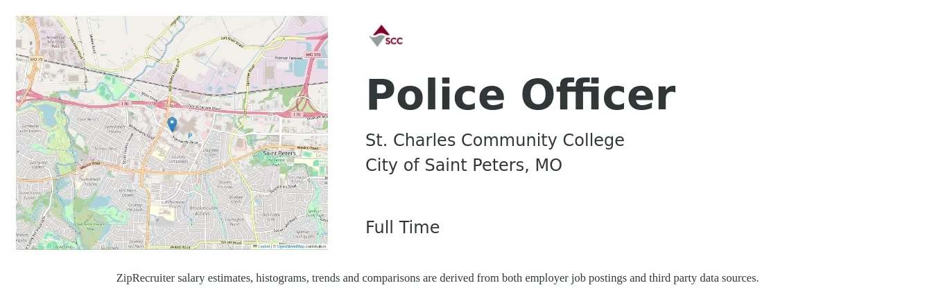 St. Charles Community College job posting for a Police Officer in City of Saint Peters, MO with a salary of $46,400 to $71,200 Yearly with a map of City of Saint Peters location.