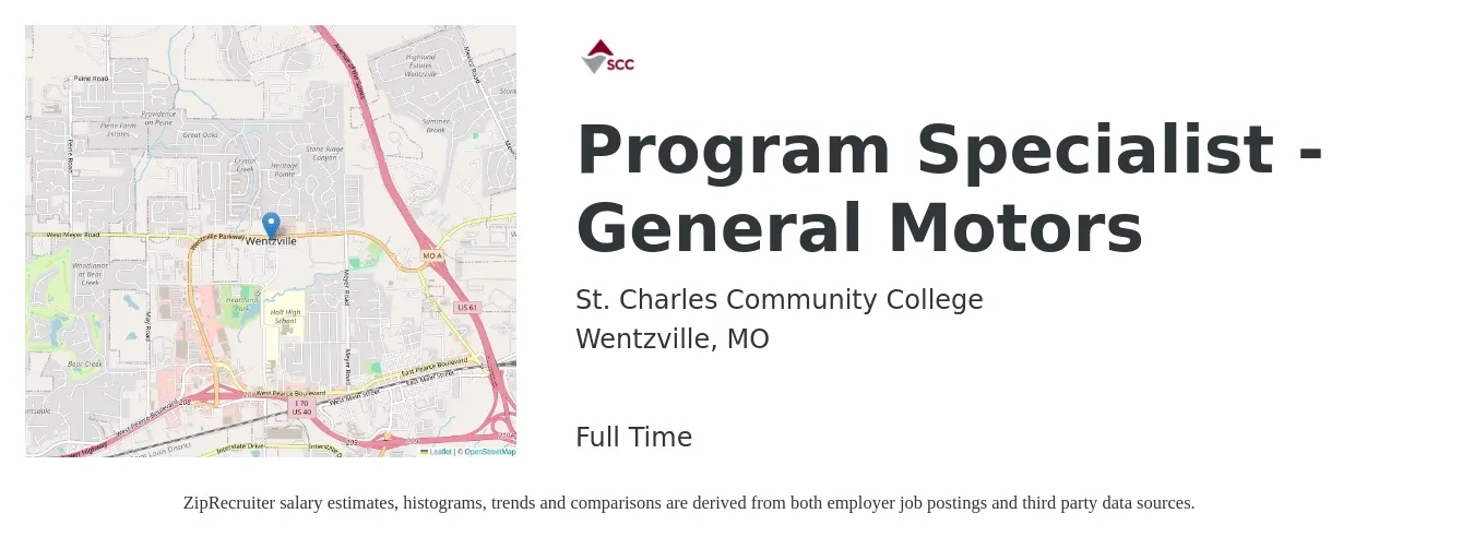 St. Charles Community College job posting for a Program Specialist - General Motors in Wentzville, MO with a salary of $37,829 to $42,558 Yearly with a map of Wentzville location.