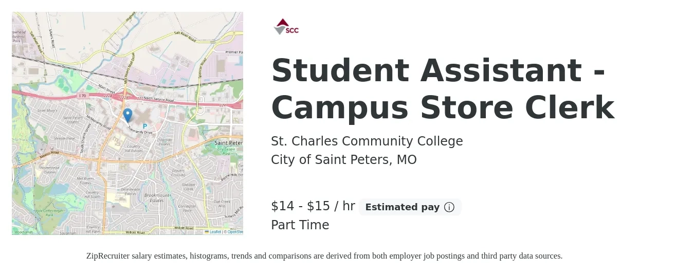 St. Charles Community College job posting for a Student Assistant - Campus Store Clerk in City of Saint Peters, MO with a salary of $15 to $16 Hourly with a map of City of Saint Peters location.