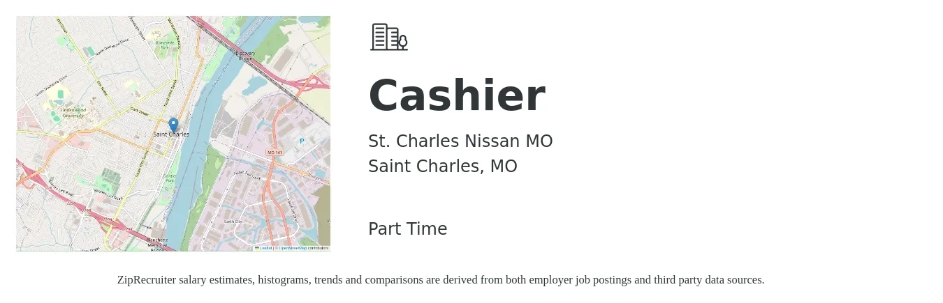 St. Charles Nissan MO job posting for a Cashier in Saint Charles, MO with a salary of $11 to $15 Hourly with a map of Saint Charles location.