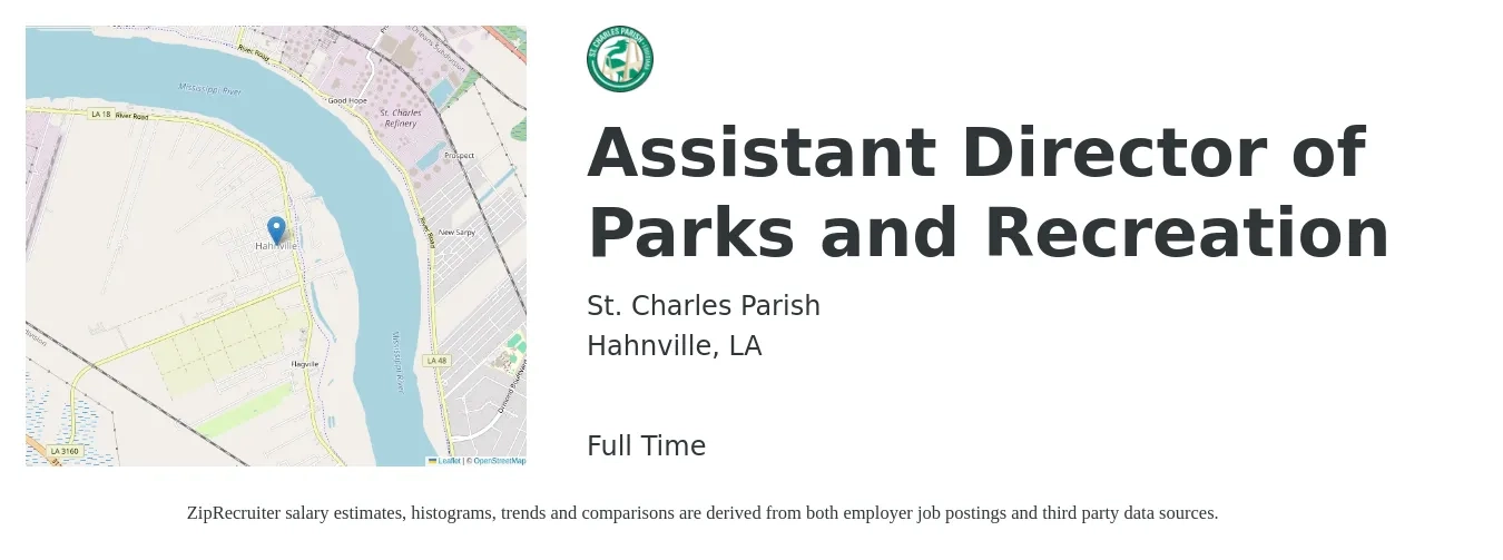 St. Charles Parish job posting for a Assistant Director of Parks and Recreation in Hahnville, LA with a salary of $45,900 to $92,300 Yearly with a map of Hahnville location.