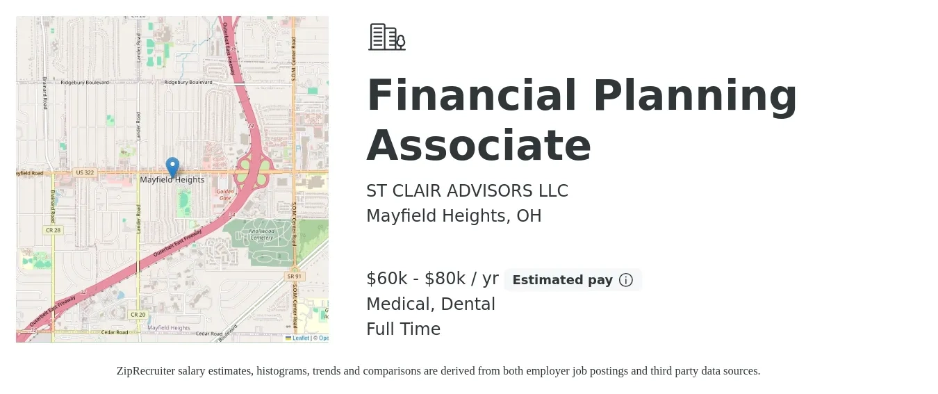 ST CLAIR ADVISORS LLC job posting for a Financial Planning Associate in Mayfield Heights, OH with a salary of $60,000 to $80,000 Yearly and benefits including life_insurance, medical, pto, retirement, and dental with a map of Mayfield Heights location.