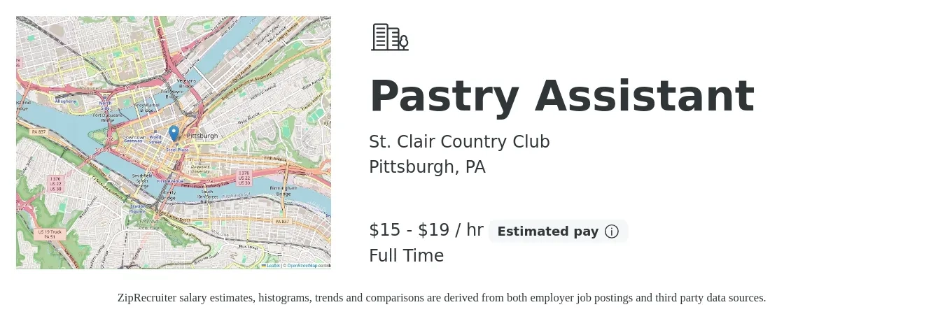 St. Clair Country Club job posting for a Pastry Assistant in Pittsburgh, PA with a salary of $16 to $20 Hourly with a map of Pittsburgh location.