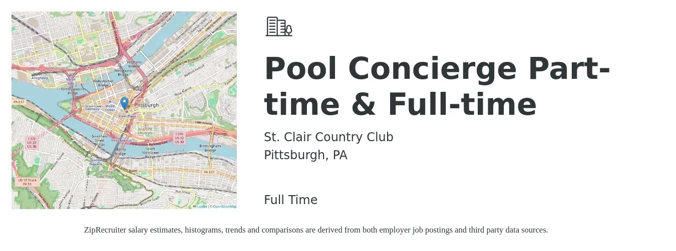 St. Clair Country Club job posting for a Pool Concierge Part-time & Full-time in Pittsburgh, PA with a salary of $12 to $16 Hourly with a map of Pittsburgh location.