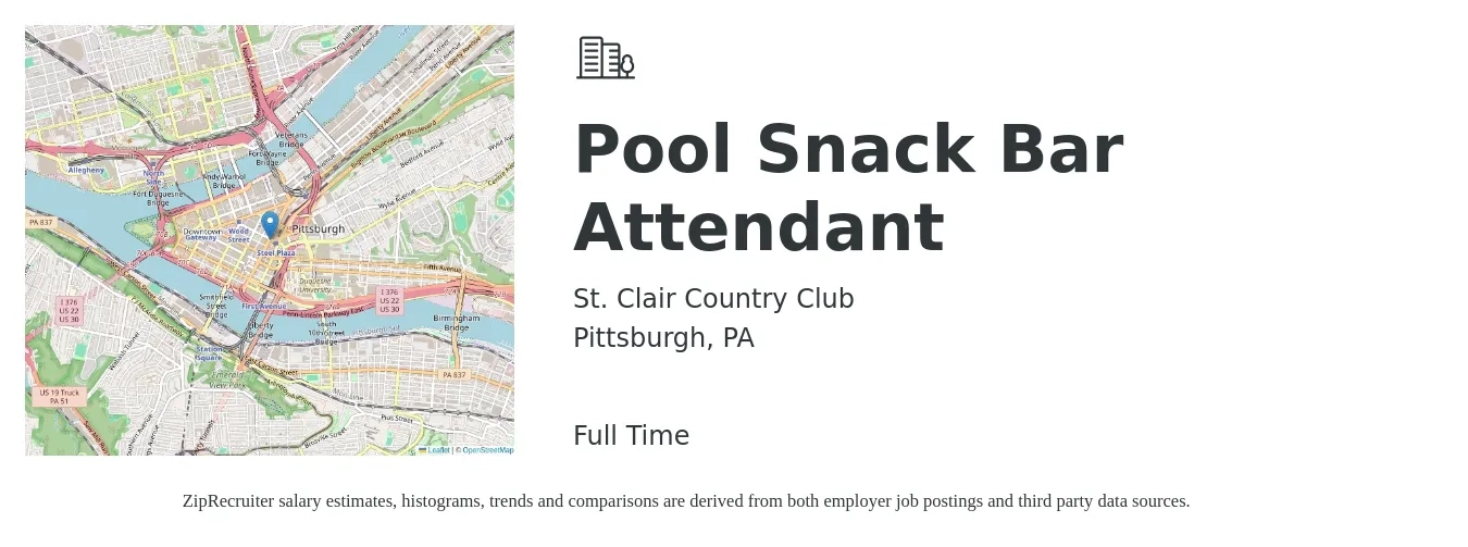 St. Clair Country Club job posting for a Pool Snack Bar Attendant in Pittsburgh, PA with a salary of $12 to $16 Hourly with a map of Pittsburgh location.