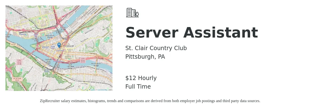 St. Clair Country Club job posting for a Server Assistant in Pittsburgh, PA with a salary of $13 Hourly with a map of Pittsburgh location.