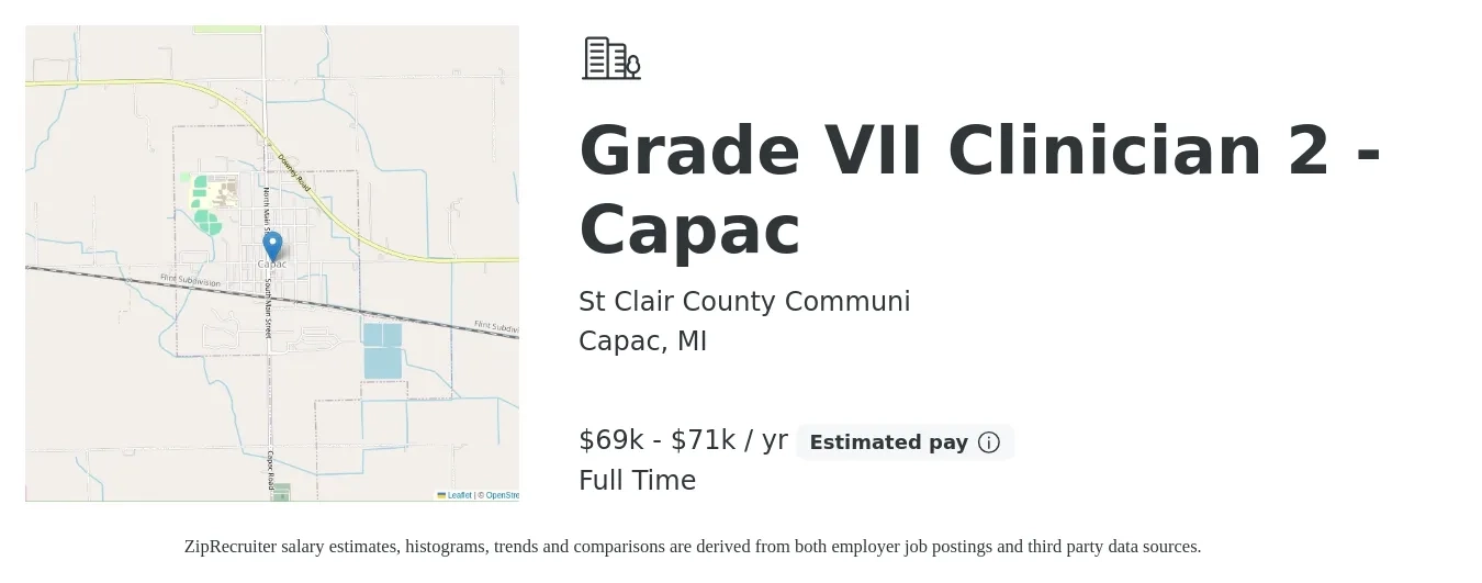 St Clair County Communi job posting for a Grade VII Clinician 2 - Capac in Capac, MI with a salary of $69,344 to $71,818 Yearly with a map of Capac location.