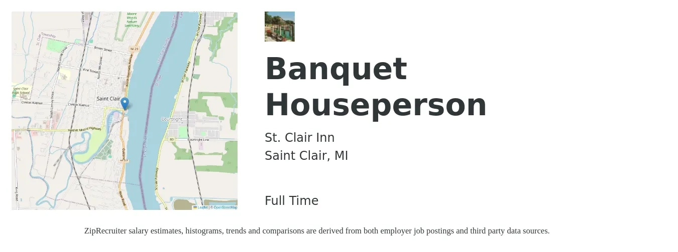 St. Clair Inn job posting for a Banquet Houseperson in Saint Clair, MI with a salary of $14 to $18 Hourly with a map of Saint Clair location.