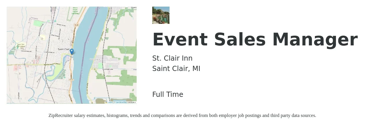 St. Clair Inn job posting for a Event Sales Manager in Saint Clair, MI with a salary of $49,700 to $70,900 Yearly with a map of Saint Clair location.