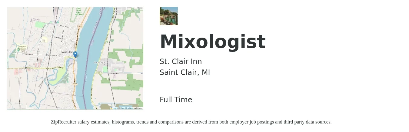 St. Clair Inn job posting for a Mixologist in Saint Clair, MI with a salary of $10 to $18 Hourly with a map of Saint Clair location.
