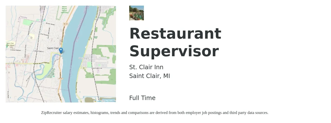 St. Clair Inn job posting for a Restaurant Supervisor in Saint Clair, MI with a salary of $42,600 to $60,100 Yearly with a map of Saint Clair location.