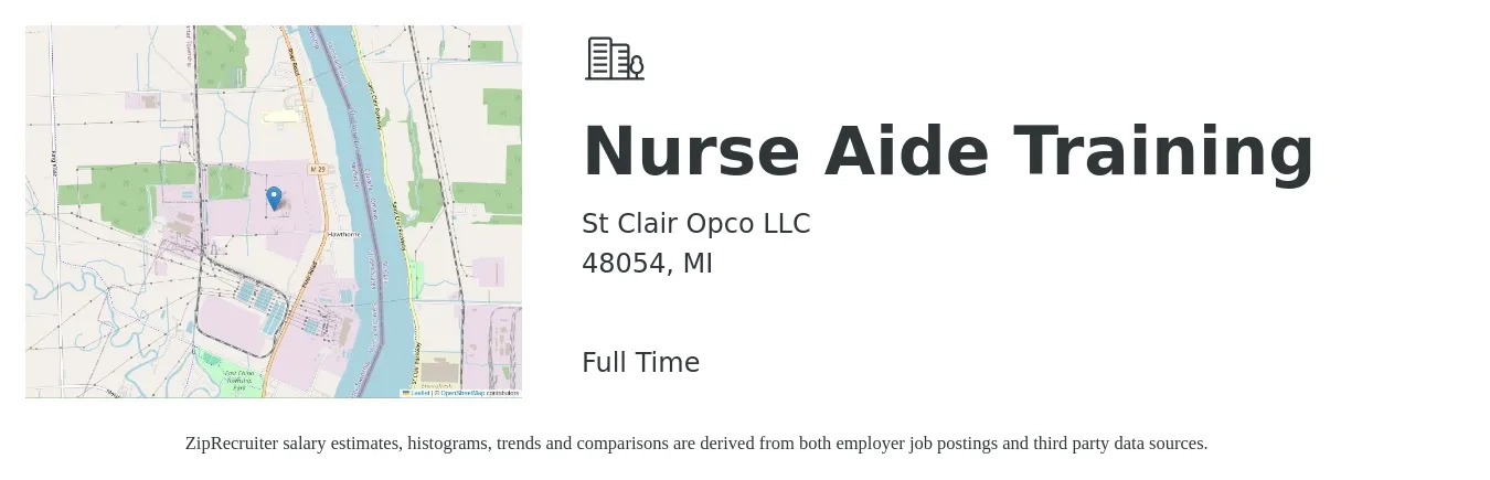 St Clair Opco LLC job posting for a Nurse Aide Training in 48054, MI with a salary of $14 to $19 Hourly with a map of 48054 location.