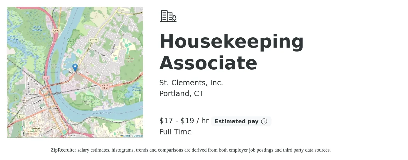 St. Clements, Inc. job posting for a Housekeeping Associate in Portland, CT with a salary of $18 to $20 Hourly with a map of Portland location.