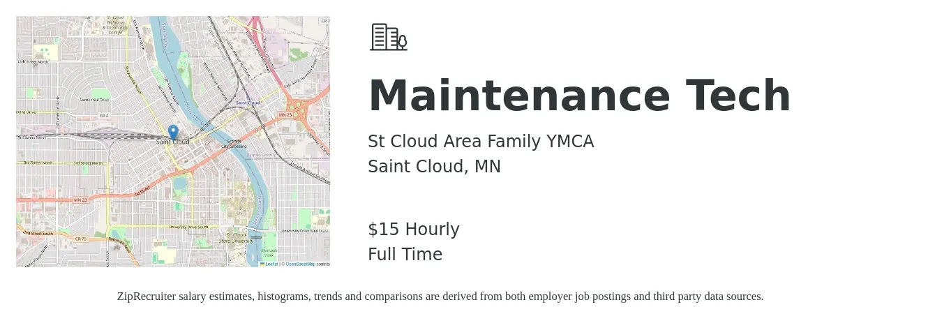 St Cloud Area Family YMCA job posting for a Maintenance Tech in Saint Cloud, MN with a salary of $19 to $26 Hourly with a map of Saint Cloud location.