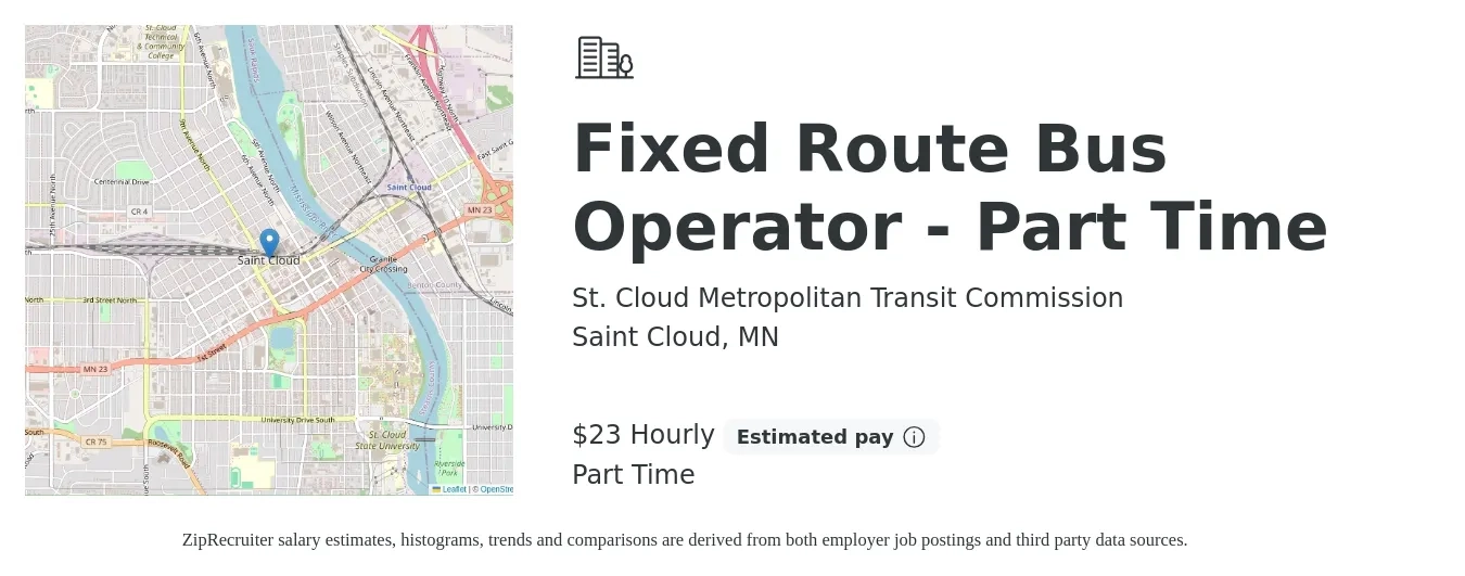 St. Cloud Metropolitan Transit Commission job posting for a Fixed Route Bus Operator - Part Time in Saint Cloud, MN with a salary of $24 Hourly with a map of Saint Cloud location.