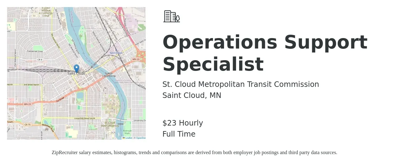 St. Cloud Metropolitan Transit Commission job posting for a Operations Support Specialist in Saint Cloud, MN with a salary of $24 Hourly with a map of Saint Cloud location.