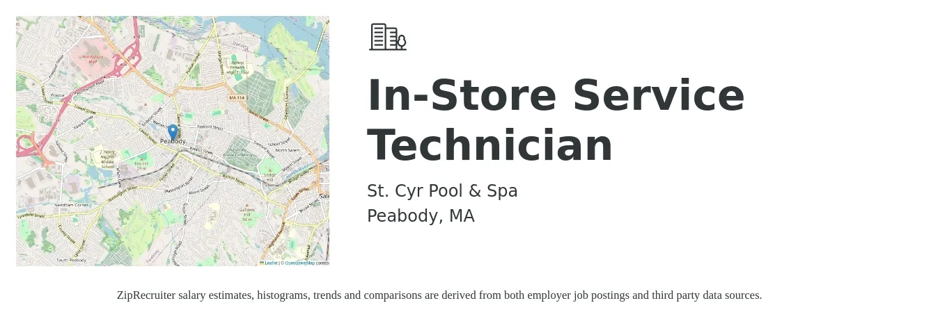St. Cyr Pool & Spa job posting for a In-Store Service Technician in Peabody, MA with a salary of $22 to $31 Hourly with a map of Peabody location.