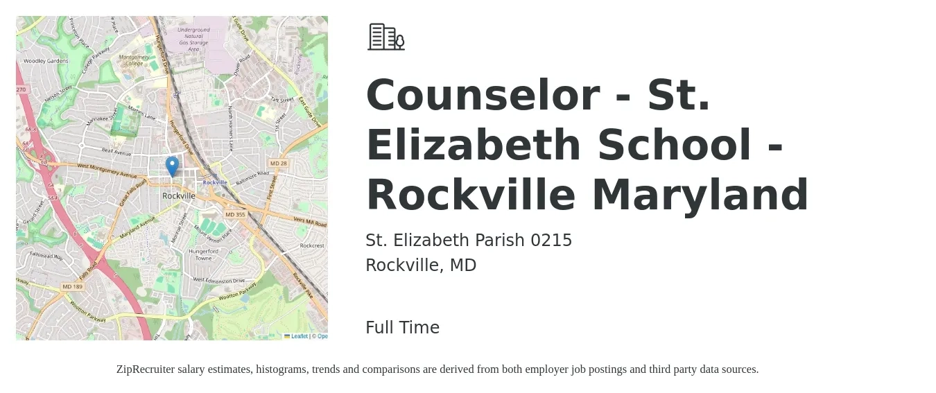 St. Elizabeth Parish 0215 job posting for a Counselor - St. Elizabeth School - Rockville Maryland in Rockville, MD with a salary of $48,900 to $70,900 Yearly with a map of Rockville location.