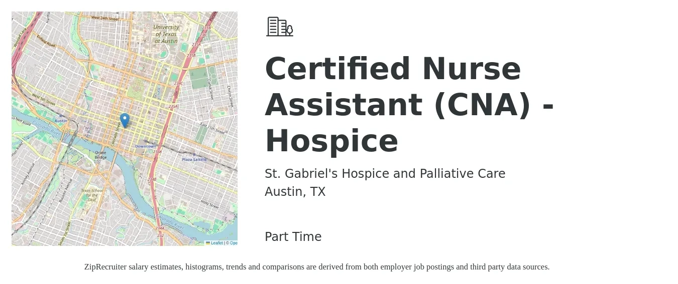 St. Gabriel's Hospice and Palliative Care job posting for a Certified Nurse Assistant (CNA) - Hospice in Austin, TX with a salary of $17 to $23 Hourly with a map of Austin location.