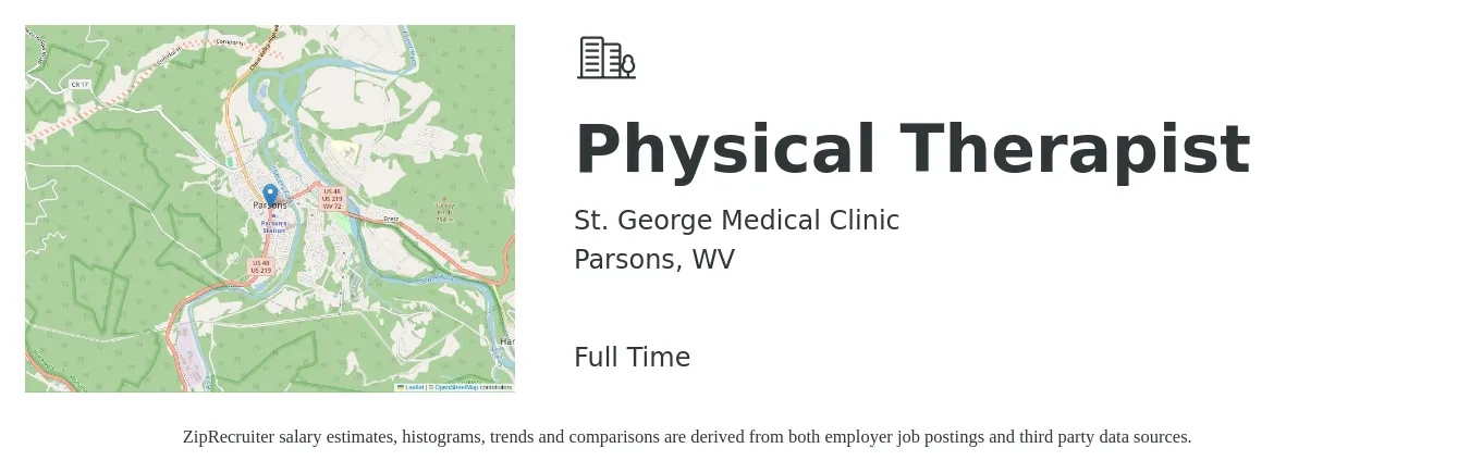 St. George Medical Clinic job posting for a Physical Therapist in Parsons, WV with a salary of $1,450 to $1,880 Weekly with a map of Parsons location.