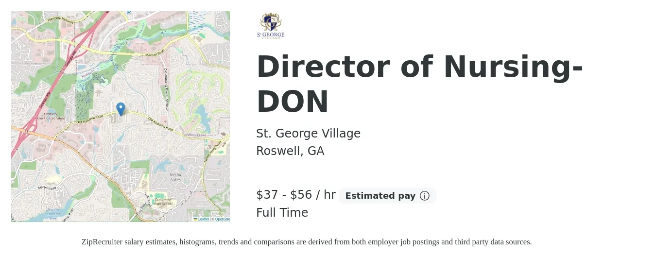 St. George Village job posting for a Director of Nursing- DON in Roswell, GA with a salary of $39 to $59 Hourly with a map of Roswell location.