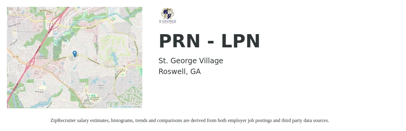 St. George Village job posting for a PRN - LPN in Roswell, GA with a salary of $24 to $32 Hourly with a map of Roswell location.