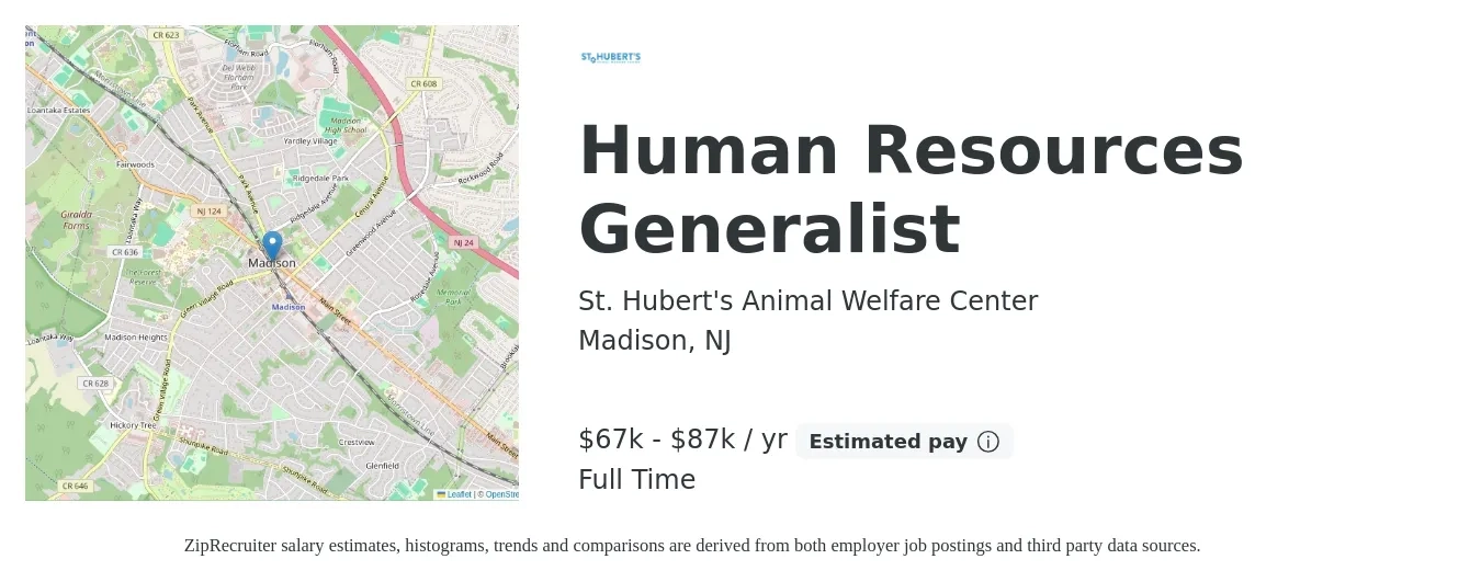 St. Hubert's Animal Welfare Center job posting for a Human Resources Generalist in Madison, NJ with a salary of $67,000 to $87,000 Yearly with a map of Madison location.