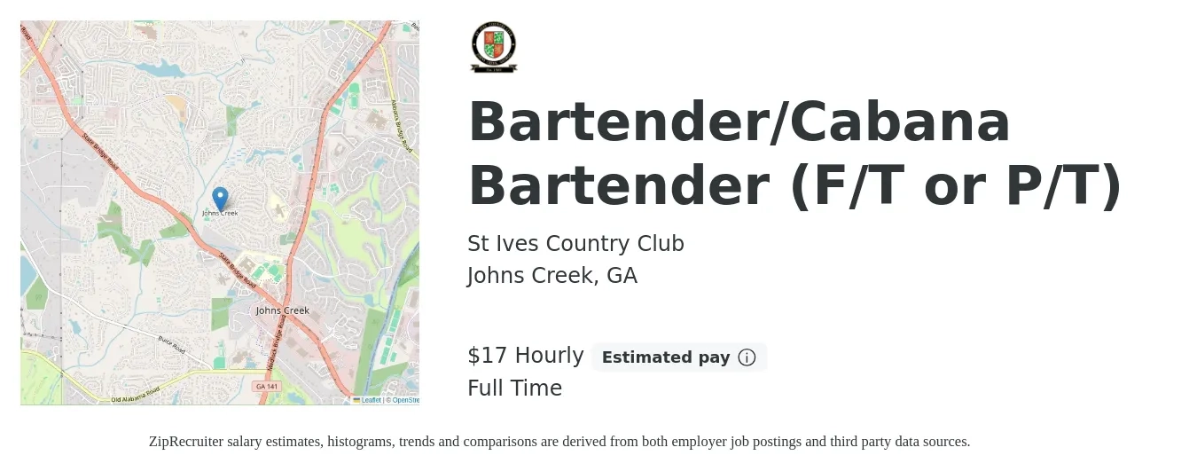 St Ives Country Club job posting for a Bartender/Cabana Bartender (F/T or P/T) in Johns Creek, GA with a salary of $18 Hourly and benefits including retirement with a map of Johns Creek location.