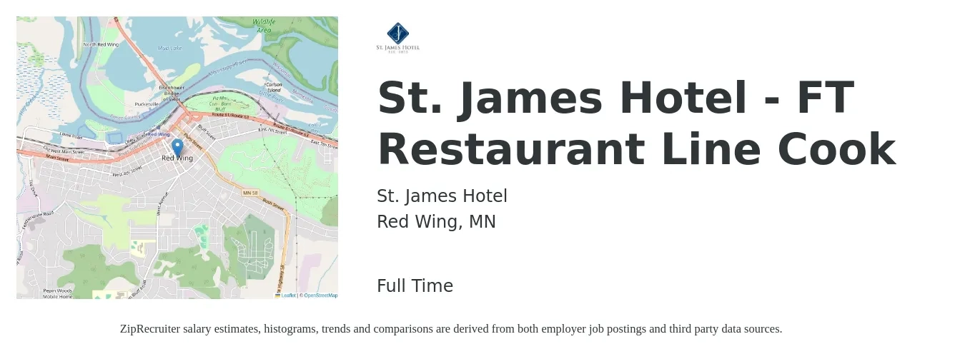 St. James Hotel job posting for a St. James Hotel - FT Restaurant Line Cook in Red Wing, MN with a salary of $16 to $20 Hourly with a map of Red Wing location.