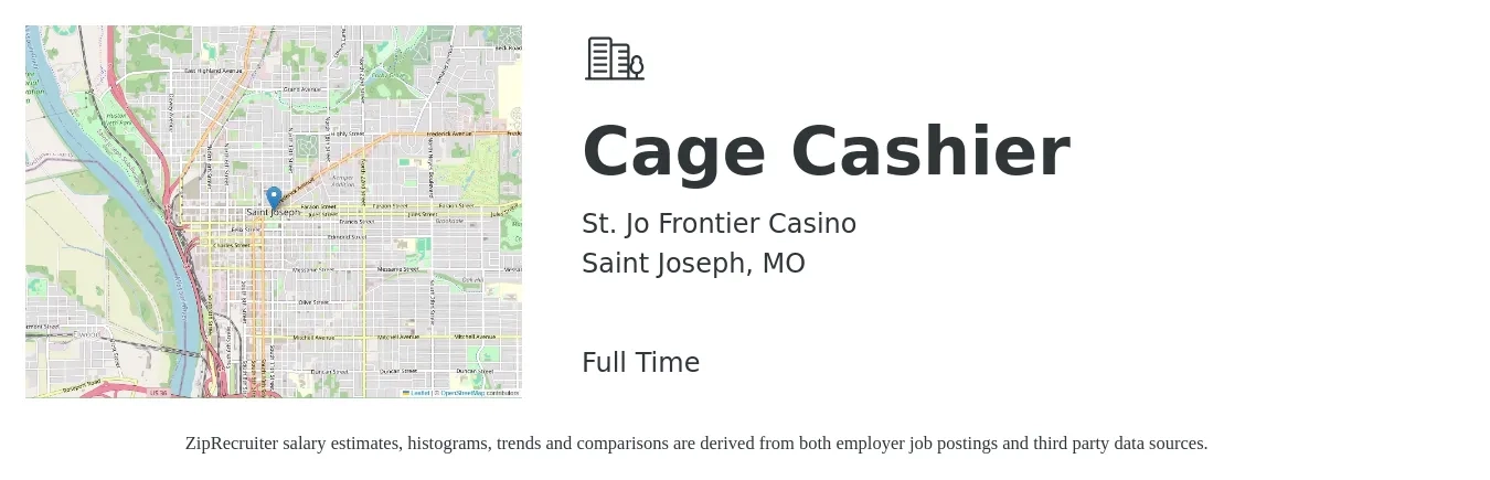 St. Jo Frontier Casino job posting for a Cage Cashier in Saint Joseph, MO with a salary of $14 to $18 Hourly with a map of Saint Joseph location.