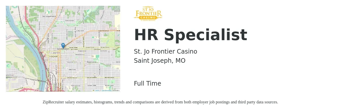 St. Jo Frontier Casino job posting for a HR Specialist in Saint Joseph, MO with a salary of $45,400 to $95,200 Yearly with a map of Saint Joseph location.