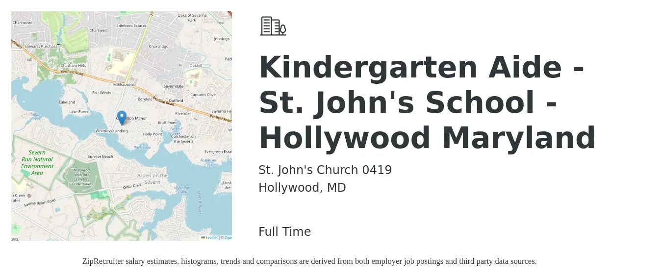St. John's Church 0419 job posting for a Kindergarten Aide - St. John's School - Hollywood Maryland in Hollywood, MD with a salary of $14 to $18 Hourly with a map of Hollywood location.