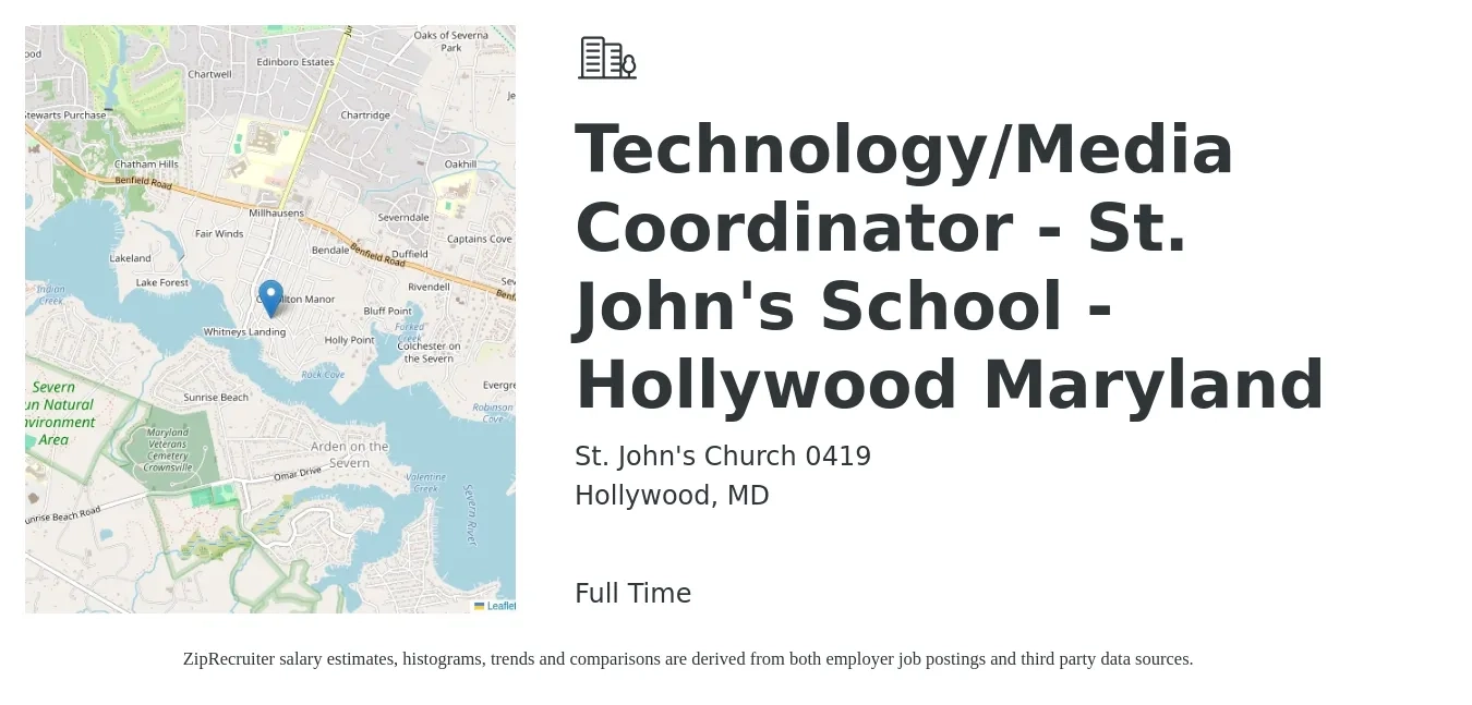 St. John's Church 0419 job posting for a Technology/Media Coordinator - St. John's School - Hollywood Maryland in Hollywood, MD with a salary of $43,100 to $67,500 Yearly with a map of Hollywood location.