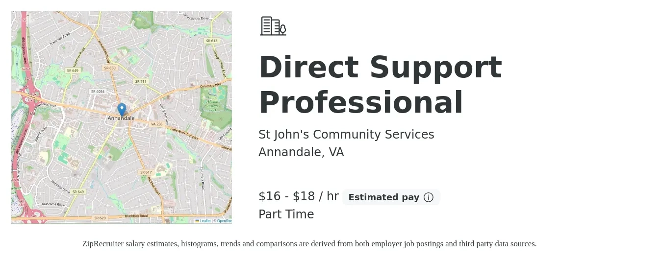 St John's Community Services job posting for a Direct Support Professional in Annandale, VA with a salary of $17 to $19 Hourly with a map of Annandale location.