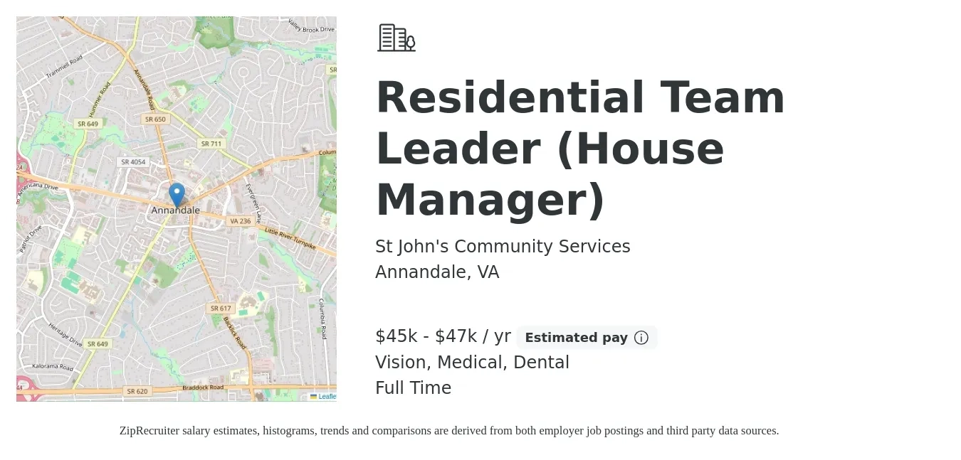 St John's Community Services job posting for a Residential Team Leader (House Manager) in Annandale, VA with a salary of $45,000 to $47,000 Yearly and benefits including dental, life_insurance, medical, retirement, and vision with a map of Annandale location.