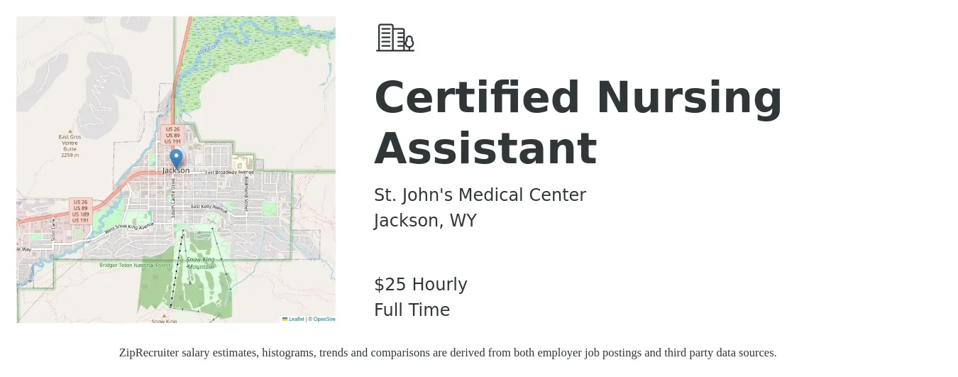 St. John's Medical Center job posting for a Certified Nursing Assistant in Jackson, WY with a salary of $27 Hourly with a map of Jackson location.