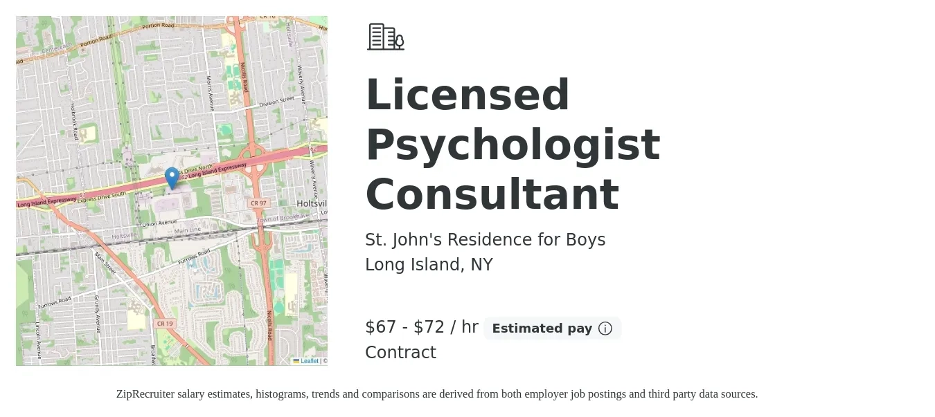 St. John's Residence for Boys job posting for a Licensed Psychologist Consultant in Long Island, NY with a salary of $70 to $75 Hourly with a map of Long Island location.