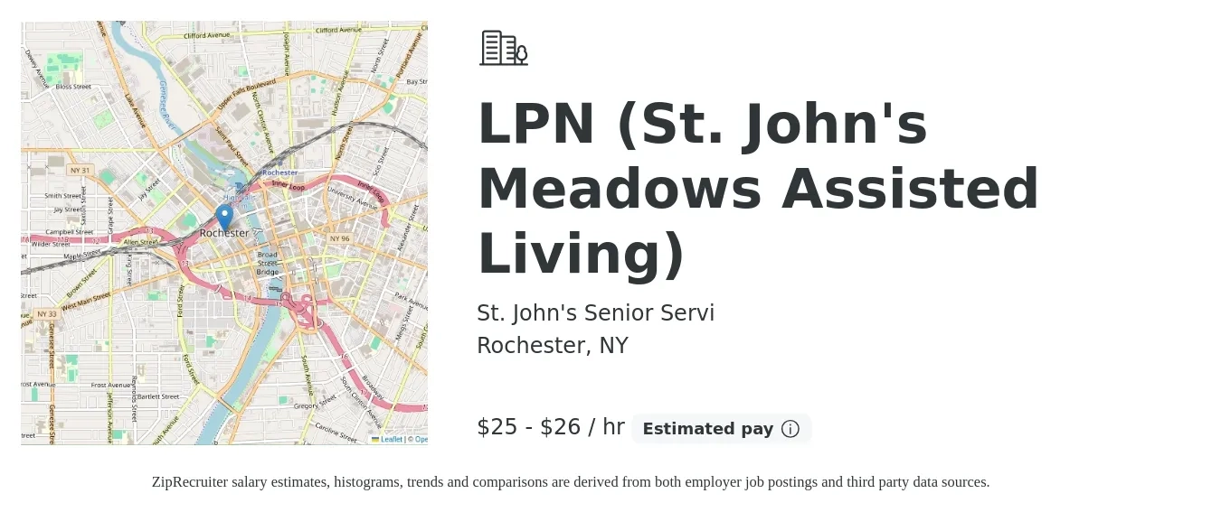 St. John's Senior Servi job posting for a LPN (St. John's Meadows Assisted Living) in Rochester, NY with a salary of $26 to $28 Hourly with a map of Rochester location.