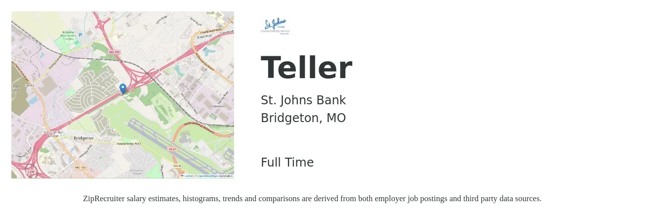 St. Johns Bank job posting for a Teller in Bridgeton, MO with a salary of $15 to $19 Hourly with a map of Bridgeton location.