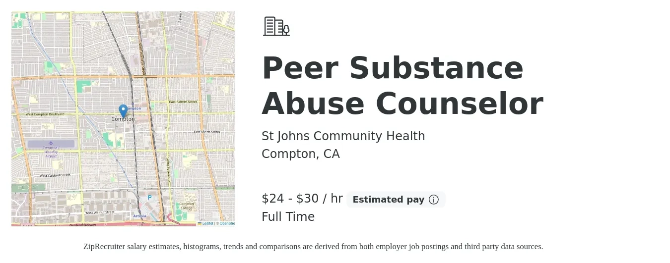 St Johns Community Health job posting for a Peer Substance Abuse Counselor in Compton, CA with a salary of $25 to $31 Hourly with a map of Compton location.