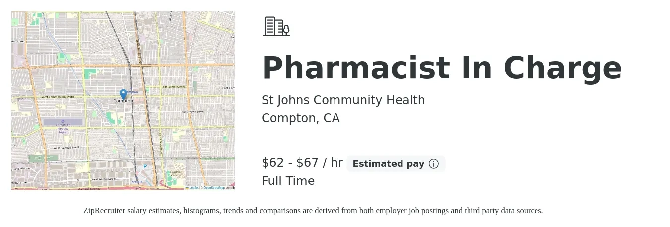 St Johns Community Health job posting for a Pharmacist In Charge in Compton, CA with a salary of $65 to $70 Hourly with a map of Compton location.