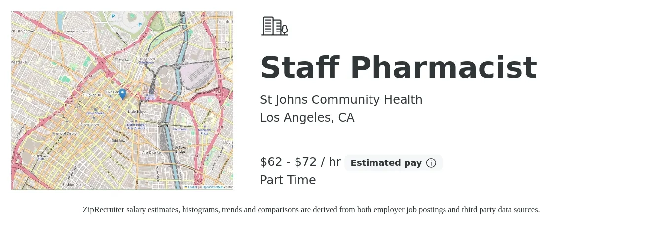 St Johns Community Health job posting for a Staff Pharmacist in Los Angeles, CA with a salary of $65 to $75 Hourly with a map of Los Angeles location.